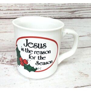 Jesus is the Reason for the Season coffee mug Christmas Holly white red 8 oz